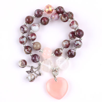 Pulm Blossom Tourmaline Rose Quartz Heart Dangle Charm Stretch Double Layer Bead Bracelet
