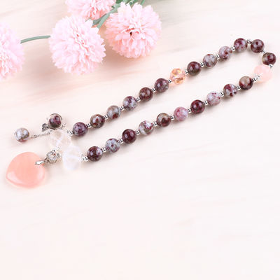 Pulm Blossom Tourmaline Rose Quartz Heart Dangle Charm Stretch Double Layer Bead Bracelet