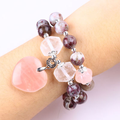Pulm Blossom Tourmaline Rose Quartz Heart Dangle Charm Stretch Double Layer Bead Bracelet