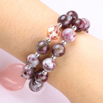 Pulm Blossom Tourmaline Rose Quartz Heart Dangle Charm Stretch Double Layer Bead Bracelet