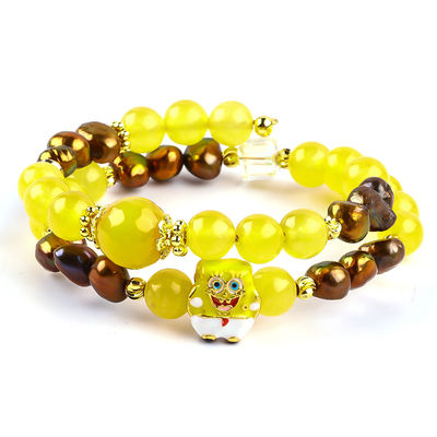 Cura Cristal Vermelho Verdadeiro Calcedônia e Cor de Café Pérola de Água Fresca Com Bob Esponja Cartoon Charm Bracelet