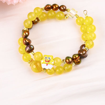 Cura Cristal Vermelho Verdadeiro Calcedônia e Cor de Café Pérola de Água Fresca Com Bob Esponja Cartoon Charm Bracelet
