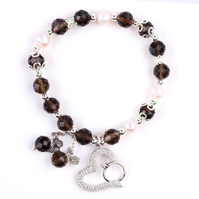 Quartzo Fumoso Natural e Pérola Branca Reiki Cura Coração Elastico Encanto Bracelete de Estiramento