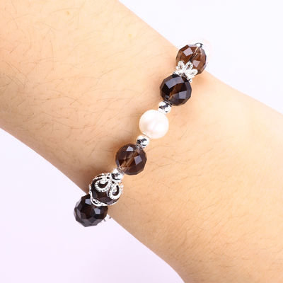 Quartzo Fumoso Natural e Pérola Branca Reiki Cura Coração Elastico Encanto Bracelete de Estiramento