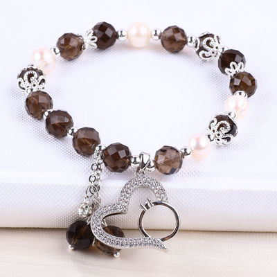 Quartzo Fumoso Natural e Pérola Branca Reiki Cura Coração Elastico Encanto Bracelete de Estiramento