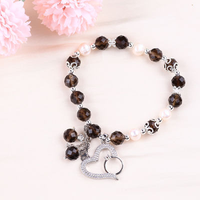 Quartzo Fumoso Natural e Pérola Branca Reiki Cura Coração Elastico Encanto Bracelete de Estiramento