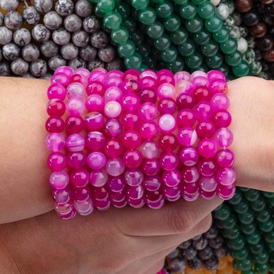 Fios de contas soltas de ágata estriada de fuchsia natural para fabricação de jóias