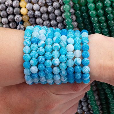Ágata azul desgastada com filamentos de contas soltas Pedra semi-preciosa Matt Frosted Agata rachada para fabricação de jóias