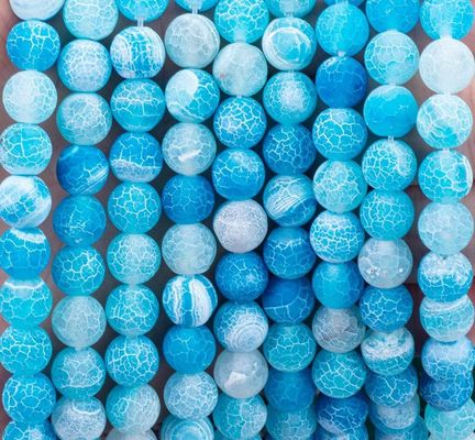 Ágata azul desgastada com filamentos de contas soltas Pedra semi-preciosa Matt Frosted Agata rachada para fabricação de jóias
