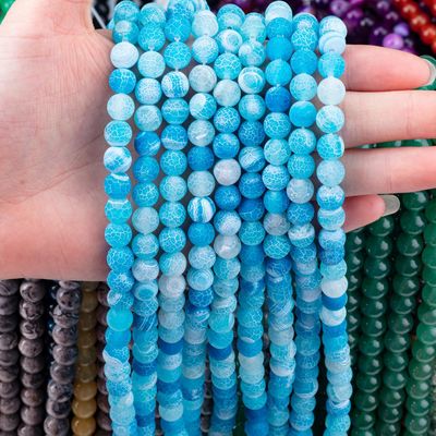 Ágata azul desgastada com filamentos de contas soltas Pedra semi-preciosa Matt Frosted Agata rachada para fabricação de jóias