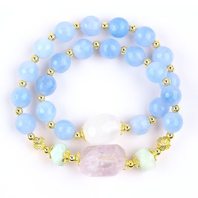 Bracelete de pérolas redondas de dupla camada de cristal azul calcedônico feito à mão para jóias