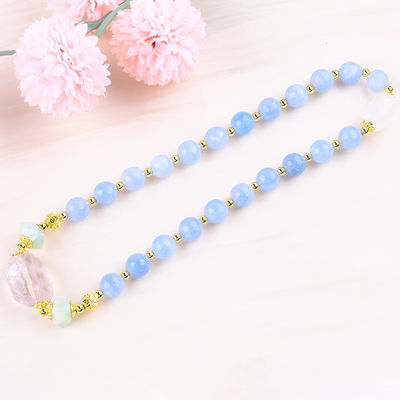 Bracelete de pérolas redondas de dupla camada de cristal azul calcedônico feito à mão para jóias