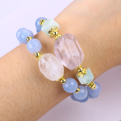Bracelete de pérolas redondas de dupla camada de cristal azul calcedônico feito à mão para jóias