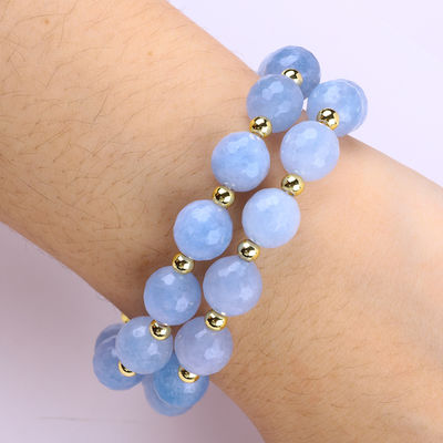 Bracelete de pérolas redondas de dupla camada de cristal azul calcedônico feito à mão para jóias