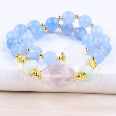 Bracelete de pérolas redondas de dupla camada de cristal azul calcedônico feito à mão para jóias