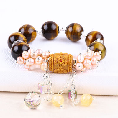 Natural 14MM lindo olho de tigre e flor de água doce pérola com bracelete de contas de cadeia de colchão