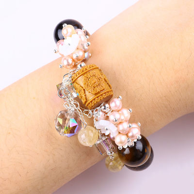 Natural 14MM lindo olho de tigre e flor de água doce pérola com bracelete de contas de cadeia de colchão