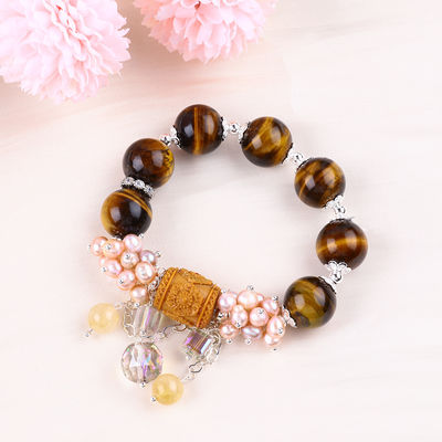 Natural 14MM lindo olho de tigre e flor de água doce pérola com bracelete de contas de cadeia de colchão