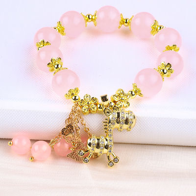 Pulseira de 12 mm rosa de quartzo com feitiço de veado
