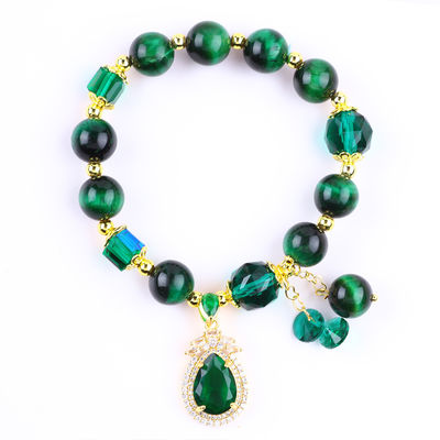 Bracelete de olhos de tigre verde natural de 10 mm com revestimento de ouro de cobre