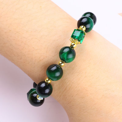 Bracelete de olhos de tigre verde natural de 10 mm com revestimento de ouro de cobre