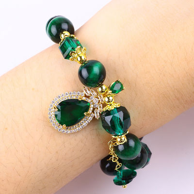 Bracelete de olhos de tigre verde natural de 10 mm com revestimento de ouro de cobre