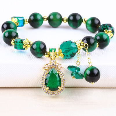 Bracelete de olhos de tigre verde natural de 10 mm com revestimento de ouro de cobre