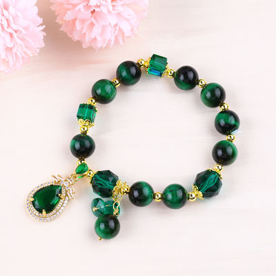 Bracelete de olhos de tigre verde natural de 10 mm com revestimento de ouro de cobre