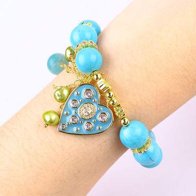 Pulseira de cristal azul-turquesa de 12 mm Pulseira de charme de estiramento de coração