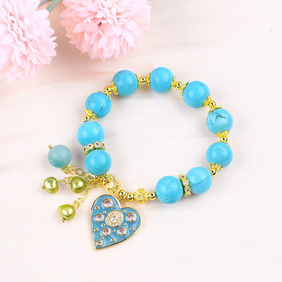 Pulseira de cristal azul-turquesa de 12 mm Pulseira de charme de estiramento de coração