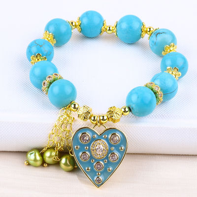 Pulseira de cristal azul-turquesa de 12 mm Pulseira de charme de estiramento de coração