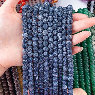 Ágata azul escuro desgastado fios de contas soltas Pedra semi-preciosa Matt Frosted Agata rachada para fazer jóias DIY