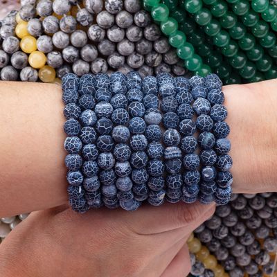Ágata azul escuro desgastado fios de contas soltas Pedra semi-preciosa Matt Frosted Agata rachada para fazer jóias DIY