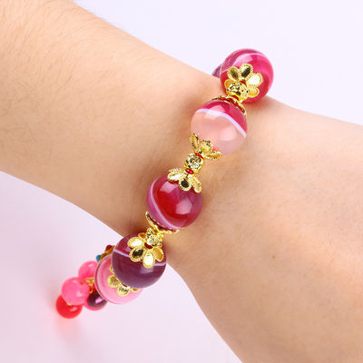 Pulseira de pedra de ágata rosa de 14 mm com escultura de raposa de nove caudas roxa