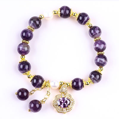 10mm Bead Dream Amethyst Stone Stretch Bracelets com Purple Bling Bling Charm
