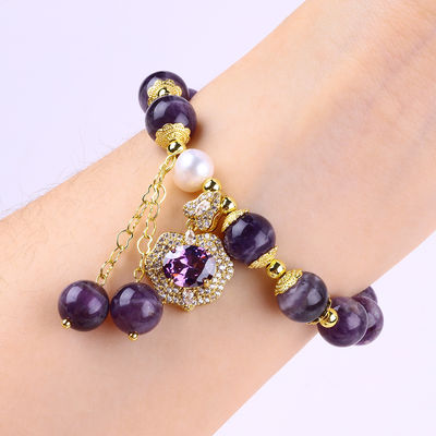 10mm Bead Dream Amethyst Stone Stretch Bracelets com Purple Bling Bling Charm