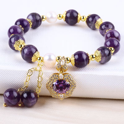 10mm Bead Dream Amethyst Stone Stretch Bracelets com Purple Bling Bling Charm