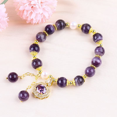 10mm Bead Dream Amethyst Stone Stretch Bracelets com Purple Bling Bling Charm