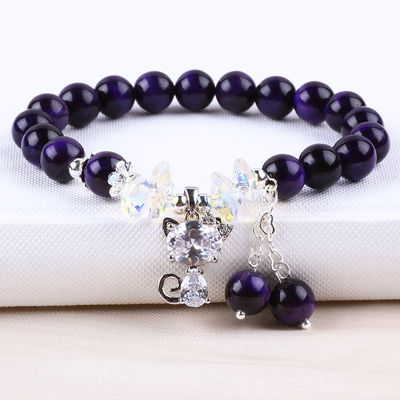 Púrpura Olho de Tigre Pulseiras de Pedra Semi-Preciosa 8mm de contas Pulseiras de Pedra Prêmios feitos à mão