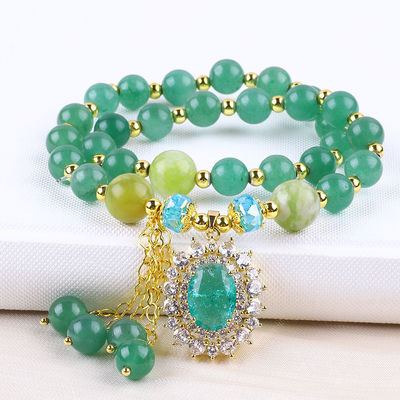 Forma oval Verde Aventurina Pedra de contas Pulseira Dupla Camada