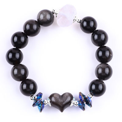 Pulseira feita à mão de pedras preciosas com contas Prata natural brilhante Obsidiana Pedaço de pedra de coração ajustável Pulseira de feitiço para festa