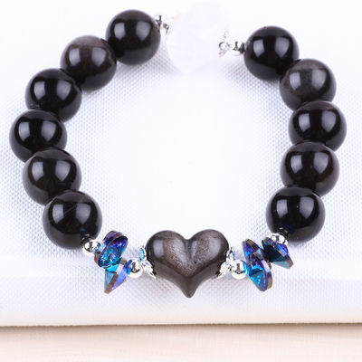 Pulseira feita à mão de pedras preciosas com contas Prata natural brilhante Obsidiana Pedaço de pedra de coração ajustável Pulseira de feitiço para festa