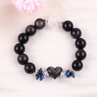 Pulseira feita à mão de pedras preciosas com contas Prata natural brilhante Obsidiana Pedaço de pedra de coração ajustável Pulseira de feitiço para festa