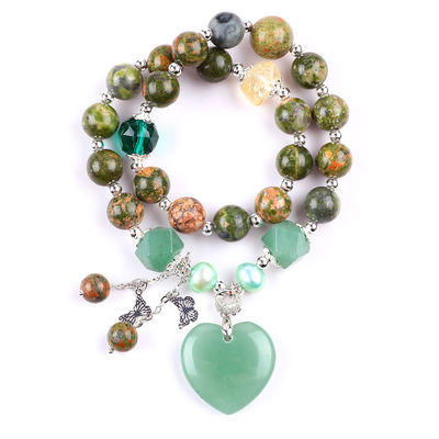 Pulseira feita à mão de pedras preciosas com contas Natural Unakite Pedra Pulseira Ajustável Coração Verde Aventurine Charms Pulseira Para P