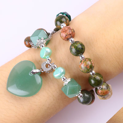 Pulseira feita à mão de pedras preciosas com contas Natural Unakite Pedra Pulseira Ajustável Coração Verde Aventurine Charms Pulseira Para P