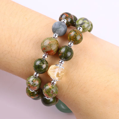 Pulseira feita à mão de pedras preciosas com contas Natural Unakite Pedra Pulseira Ajustável Coração Verde Aventurine Charms Pulseira Para P