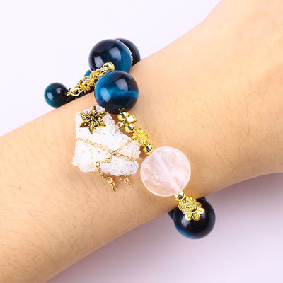 Pulseira feita à mão de pedras preciosas com contas, Olho de tigre azul natural, pulseira de pedra ajustável, feitiços de coração, pulseira para festa.