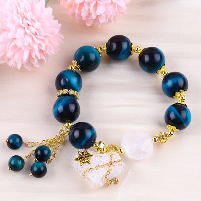 Pulseira feita à mão de pedras preciosas com contas, Olho de tigre azul natural, pulseira de pedra ajustável, feitiços de coração, pulseira para festa.