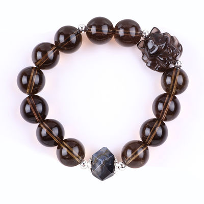 14mm Smoky Quartz Crystal Bead Bracelet com escultura de raposa de nove caudas