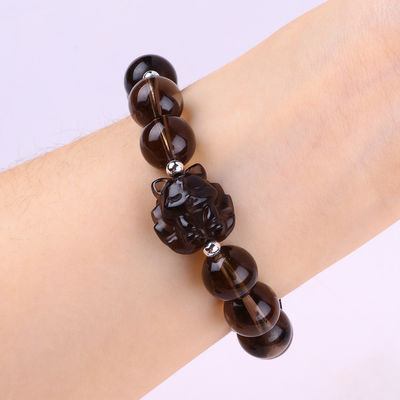 14mm Smoky Quartz Crystal Bead Bracelet com escultura de raposa de nove caudas